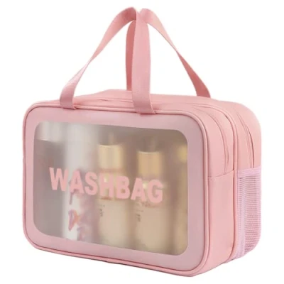 Abbildung von SZDPC Groß Kulturbeutel Damen &amp; Herren, Reise Kulturtasche mit Tragegriff, matt durchscheinende Duschtasche (Pink XL)