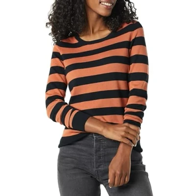 Abbildung von Amazon Essentials Damen Leichter, Langärmeliger Pullover Mit Rundhalsausschnitt (Erhältlich in Übergröße), Schwarz Karamell Rugby Streifen, XS
