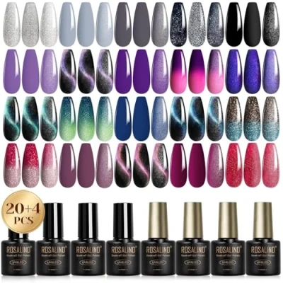 Abbildung von ROSALIND UV Nagellack Set, 24 Stück Gel Silber Grau Schwarz Lila Rot Farbgel Gelnägel, Soak Off Magnetisch für Nagel Design Cat Eye Thermo Shellac Geschenk