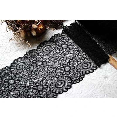 Abbildung von Yulakes 3 Yard 22 cm schwarz weiß Spitze Stoff DIY Handwerk nähzubehör Dekoration zubehör für kleidungsstücke elastische Spitzenbesatz (schwarz)