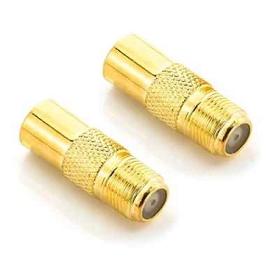 Abbildung von deleyCON SAT Antennenadapter Koaxialkabel auf TV Stecker Adapter F Buchse IEC Kupplung Verbinder Koaxial Kabel 2 Stück Vergoldet