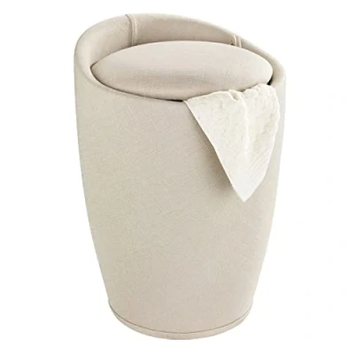 Abbildung von WENKO Badhocker Mod. Candy Leinen Optik Beige, Hocker mit Stauraum für das Badezimmer und Wohnzimmer, integrierter Wäschesammler, ABS Kunststoff, BPA frei, Fassungsvermögen 20 L, Ø 36 x 50,5 cm