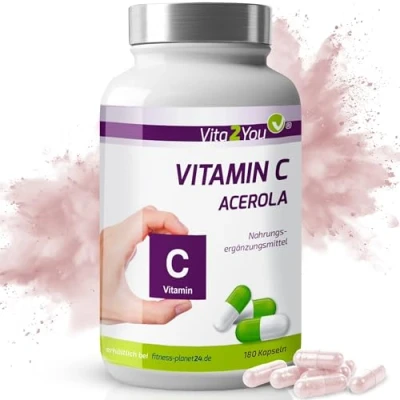 Abbildung von Vita2You Vitamin C Acerola 180 Kapseln 750mg pro Kapsel Natürliches Hochdosiert Premium Qualität