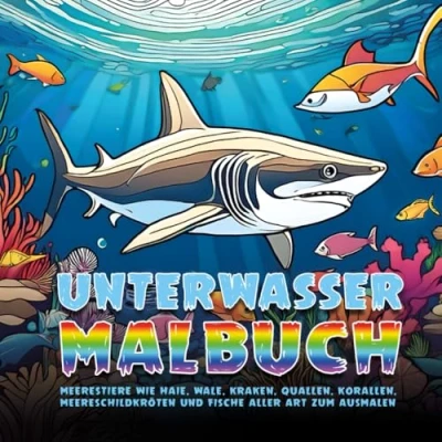 Abbildung von Unterwasser Malbuch: Meerestiere wie Haie, Wale, Kraken, Quallen, Korallen, Meereschildkröten und Fische aller Art zum Ausmalen