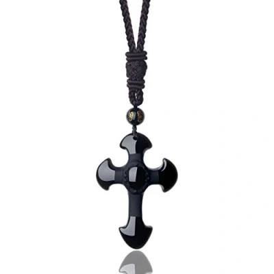 Abbildung von COAI Geschenkideen Unisex Lange Halskette Kreuz Anhänger aus Obsidian Nylonschnur Kette