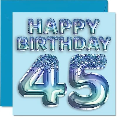 Abbildung von Stuff4 Geburtstagskarte zum 45. Geburtstag für Männer Blauer Glitzer Partyballon Happy Birthday Karten 45 Jahre alten Mann, Freund, Vater, Bruder, Onkel, Cousin, 145 mm x