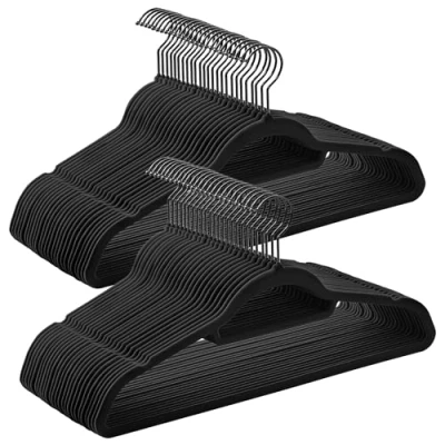 Abbildung von SONGMICS Kleiderbügel Samt, 50er Set, Bügel, rutschfest, kleine Stange für Krawatten, 360 drehbarer Haken, 0,6 cm dick, platzsparend, 43,5 lang, Mäntel, Hosen, schwarz CRF021B02