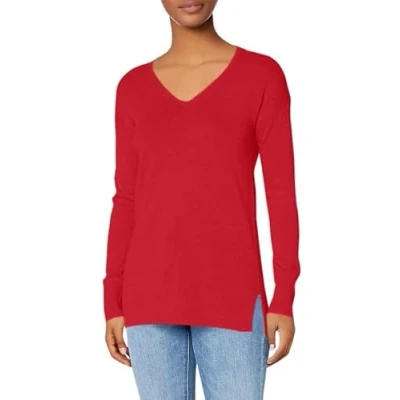Abbildung von Amazon Essentials Damen Leichter Tunika Pullover Mit Langen Ärmeln Und V Ausschnitt (Erhältlich In Übergröße), Kirschrot, 3XL Große Größen