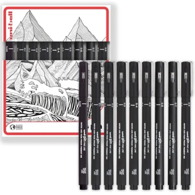 Abbildung von Fineliner Zeichenstifte von Uni Pin, komplettes Set mit 9 Härtegraden, schwarze Tinte