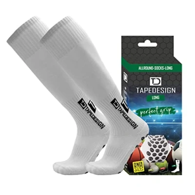 Abbildung von TAPEDESIGN &quot;Long&quot; 1 Paar Rutschfeste Fußball Socken (Lang) mit gummierten Noppen Weiß Fussball &amp; Stutzen Grip für Damen Herren Anti Rutsch Sportsocken, Stulpen Strümpfe (One Size)