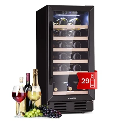Abbildung von Klarstein Weinkühlschrank Freistehend, Kleiner Getränkekühlschrank Schmal, 1 Zone mit Glastür, Indoor/Outdoor Beersafe, Kühlschrank Klein UV Schutz, 5 18C, 81 Liter / 29 Flaschen