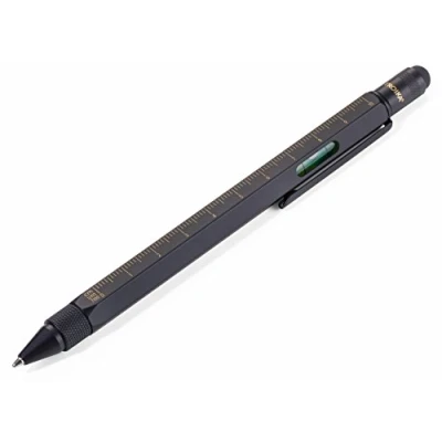 Abbildung von TROIKA CONSTRUCTION Multitasking Kugelschreiber PIP20/BG schwarz/gold Zentimeter und Zoll Lineal 1:20 m 1:50 Skala Wasserwaage Schlitz Kreuzschraubendreher Stylus