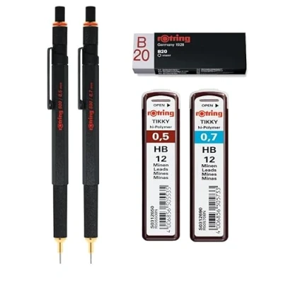 Abbildung von rOtring Druckbleistift 800, 0,5 mm und 0,7 mm, Schwarz, Set Tikky Minen, HB Radiergummi B20