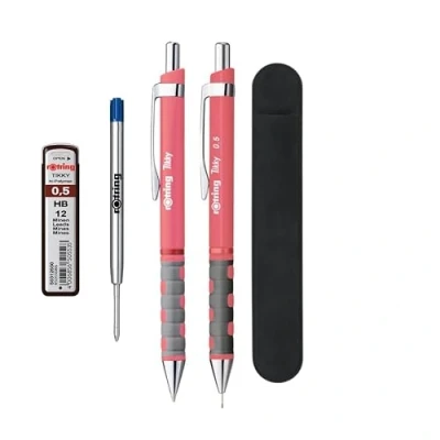 Abbildung von rOtring Tikky Pastell Kugelschreiber und Druckbleistift, blaue Tinte (M), HB 0,5 mm, Teerosen Fässer, Samt Federmäppchen + Stiftmine mm Bleistiftminen