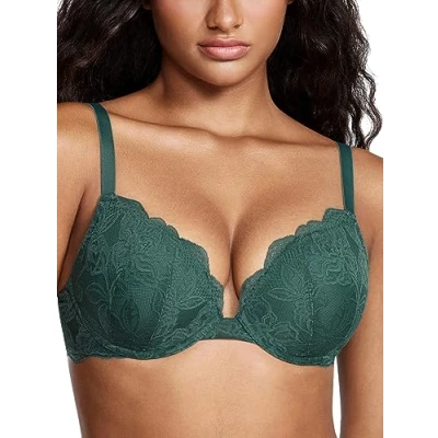 Abbildung von DOBREVA Damen Push Up BH Mit Spitze Gepolstert Plunge Bügel Vollschalen BHS Gemoldete Cups Mitternachtssmaragd 90D
