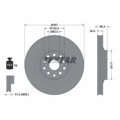 Abbildung von TEXTAR PRO 92224203 Bremsscheibe 357 34 05/12 120 außenbelüftet beschichtet ohne Radbefestigungsbolzen, Radnabe