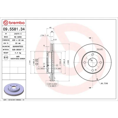Abbildung von BREMBO 09.5581.34 Bremsscheibe 235 22 4 innenbelüftet MAZDA: Demio Estate, 323C IV Hatchback, FAMILIA