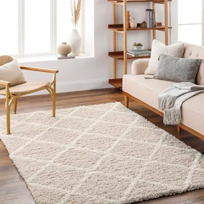Abbildung von Surya Trakai Shaggy Berber Teppich Flauschiger für Wohnzimmer, Esszimmer, Schlafzimmer, Langflor Hochflor Weiss flauschig groß 160x220 cm, Wohnzimmerteppich in Hellbeige