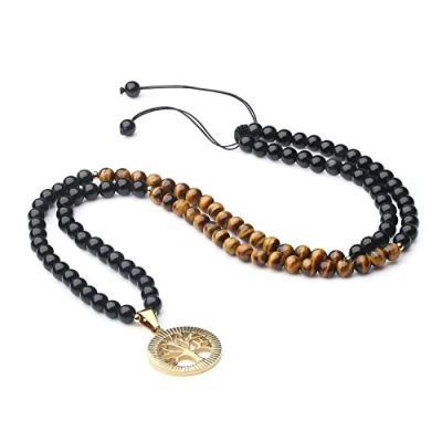 Abbildung von COAI Unisex Verstellbare 108 Mala Yoga Kette Buddhistische Halskette Gebetskette aus Tigerauge und Obsidian mit Baum des Lebens Anhänger
