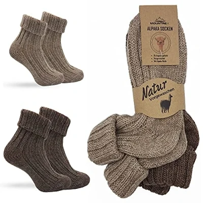Abbildung von MOUNTREX Alpaka Socken, Wollsocken für Damen, Herren Stricksocken, Haussocken 2 Paar, Braun/Dunkelbraun (Dick wie gestrickt, mit Umschlag), 35 38