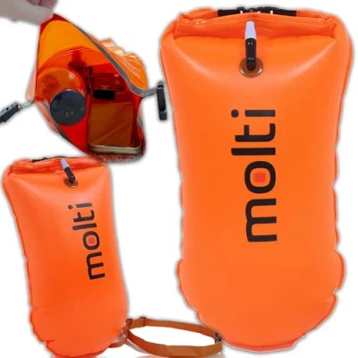 Abbildung von molti 2in1 aufblasbare Schwimmboje und Trockensack 15L 28L Pull Boje für Erwachsene Baywatch Orange Sicherheit beim Schwimmen Open Water Triathlon (BA001, Orange, 28 L)