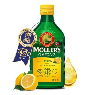 Abbildung von Möller&#039;s Omega 3 Lebertran Öl Nordic Nahrungsergänzung mit EPA, DHA, Vitamin A, D, E Superior Taste Award Hochreiner natürlicher 165 Jahre alte Marke Zitrone 250 ML