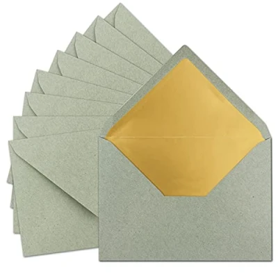 Abbildung von 50x DIN C5 Kuverts 15,6 x 22 cm aus Kraft Papier in Naturgrau (Grau) mit goldenem Seidenfutter Nassklebung Blanko Brief Umschläge Recycling Serie UmWelt