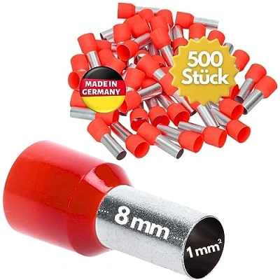 Abbildung von 500 Stück Kalitec AE108RT Aderendhülsen isoliert 1,0mm² 8mm lang rot I Made in Germany Industriequalität