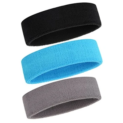 Abbildung von ONUPGO Schweißband Stirnband für Männer &amp; Frauen 3PCS Sports Stirnbänder Feuchtigkeitstransport Athletic Cotton Terry Cloth Schweißabsorbierende Kopfband (Black/Grey/Neon Blue)
