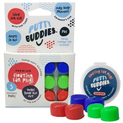 Abbildung von Putty Buddies Schwimmende Ohrstöpsel aus weichem Silikon, Blau, Rot und Grün, 3 Paar