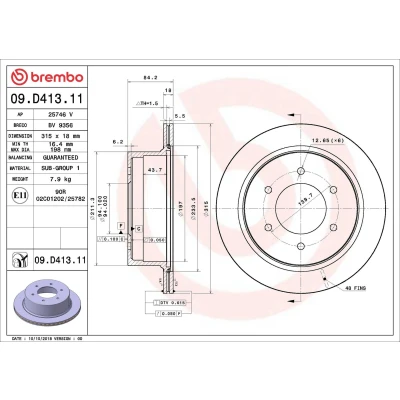 Abbildung von Bremsscheibe BREMBO 09D41311 hinten, belüftet, 1 Stück