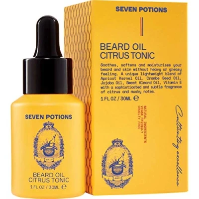 Abbildung von Seven Potions Premium Bartöl für Männer Jojobaöl Bartweichmacher zur Pflege von Haut, Haar und gegen Bartjucken rein natürlich, vegan, frei Tierquälerei Citrus Tonic