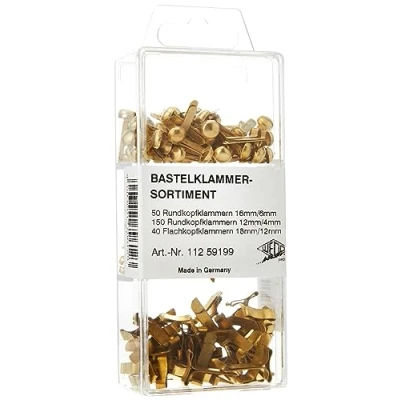 Abbildung von Wedo 11259199 Bastelklammern Sortiment, 240 Stück, Flachkopf und Rundkopf, 3 verschiedene Größen in praktischer Box, vermessingt