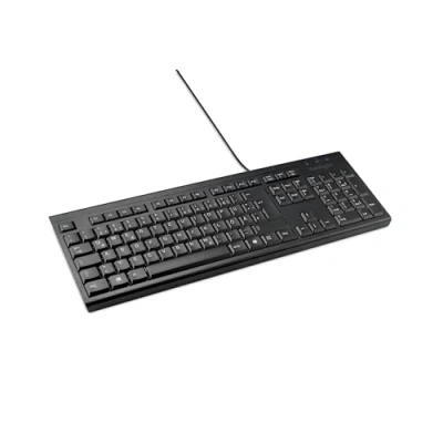 Abbildung von Kensington KB100 EQ kabelgebundene Tastatur, QWERTZ, kompatibel mit Windows und Mac OS, schlankes Design, spritzwassergeschützt, Gehäuse Tastenkappen zu 60 % aus recyceltem Material* (K63727DE)