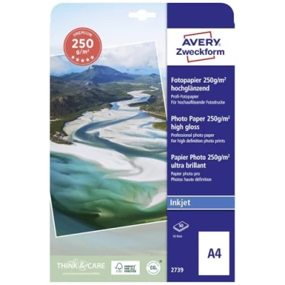 Abbildung von Avery Zweckform Art. 2739 Premium Inkjet Fotopapier (50 Blatt, 250 g/m², DIN A4, hochglänzende Fotokarten, einseitig beschichtet, sofort trocken &amp; wischfest, Fotoblätter für Drucker) weiß
