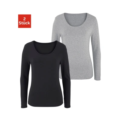 Abbildung von Lascana Langarm 2PACK Langarmshirt graumeliert+schwarz, Damen, Größe: 32/34, Grau meliert+schwarz