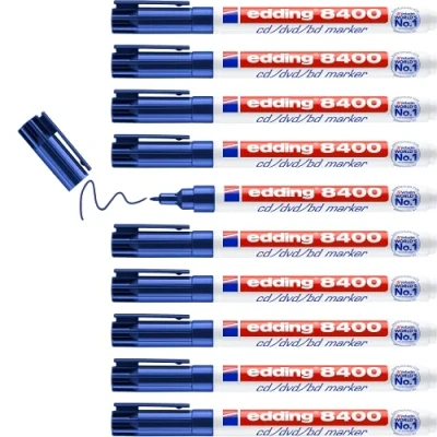 Abbildung von edding 8400 CD/DVD/BD marker blau 10 Stifte feine Rundspitze 0,5 1 mm zur dauerhaften Beschriftung von CDs, DVDs und Blu Ray Discs