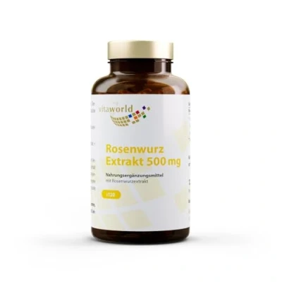 Abbildung von Vita World Rhodiola Rosea Rosenwurz Extrakt 500mg 120 Kapseln Vegan Apotheker Herstellung 3% Rosavin