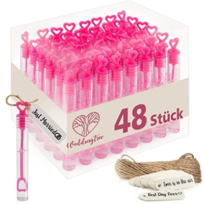 Abbildung von WeddingTree Seifenblasen Set in pink 48 teilig Herzgriff herzallerliebst für Hochzeit Taufe Geburtstag Goldene Verlobung Valentinstag Gastgeschenk Party