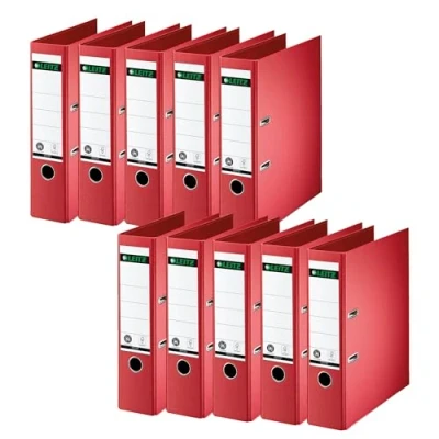 Abbildung von Leitz Qualitäts Ordner 180, 10er Pack, A4, 8 cm Rückenbreite, Spezialpapierkaschierung in Leinenprägung, Blauer Engel, Rot, 10070025
