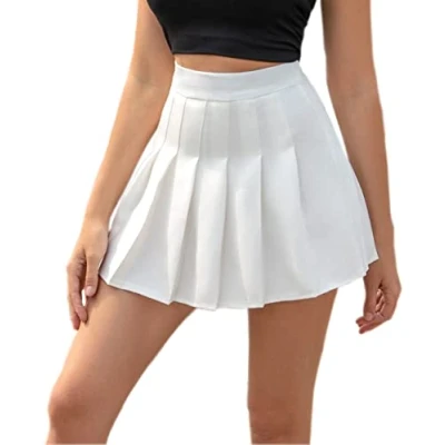 Abbildung von Hoerev Frauen Mädchen Kurze hohe Taille gefaltete Skater Tennis Schule Rock,Weiß,36 / M