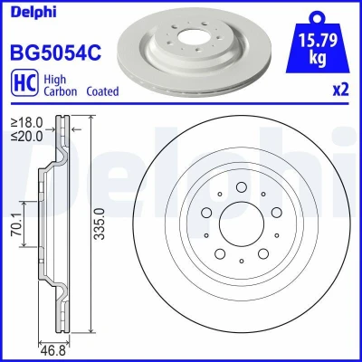 Abbildung von DELPHI BG5054C Bremsscheibe 335 20 5 Belüftet beschichtet hochgekohlt ohne Radlager, ABS Sensorring TESLA: Model 3