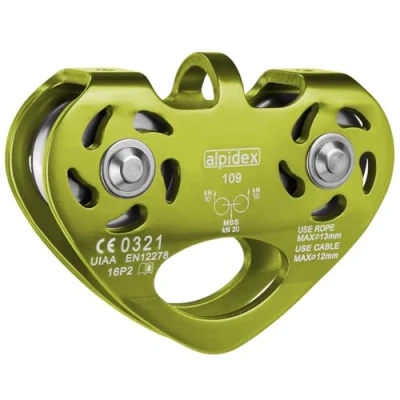 Abbildung von ALPIDEX Seilrolle Tandem Pulley Umlenkrolle Doppelseilrolle geeignet für Stahlseile 8 12 mm Ø und Textilseile bis 13 Ø, Farbe:Lime