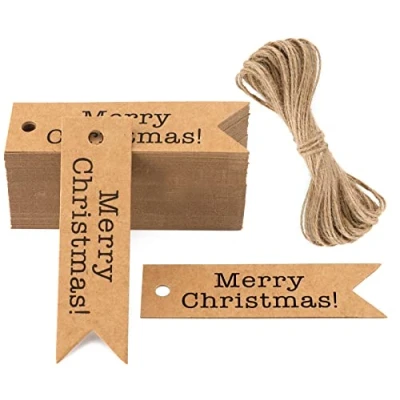 Abbildung von G2PLUS Merry Christmas Geschenk Anhänger,100 Stück Geschenkanhänger Weihnachten Papieranhänger Tags,2CM*7CM Schilder Anhänger mit Schnur zum Weihnachtsdekoration (Braun)