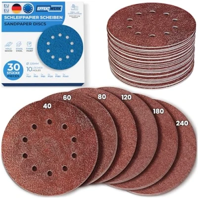 Abbildung von Effektwerk Schleifscheiben (30er Pack, 10 Löcher), 225 mm Schleifpapier für Fein und Grobschliff, verschiedene Körnungen 40/60/ 80/120/180/240 (je 5 Stück)