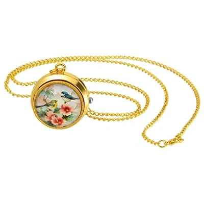 Abbildung von JewelryWe Taschenuhr Damen Vintage Vögel und Blumen Analog Quarz Uhr mit Halskette Kette Kettenuhr Gold Unisex