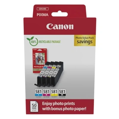 Abbildung von Canon CLI 581 C M Y BK Vorteilspack 4 Tintenpatronen (Schwarz, Cyan, Magenta, Gelb) Original +50 Blatt 10x15cm Photo Paper [Umweltfreundliche Recycle Kartonverpackung 2024]