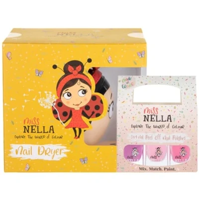 Abbildung von Miss Nella Nageltrockner mit 3 Abziehern, geruchsfrei, Wasserbasis und sicher für Kinder Nagellack, Pink Glitzer, Lila