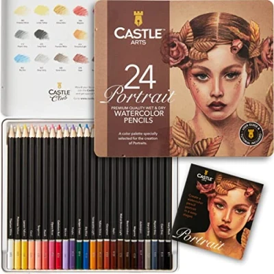 Abbildung von Castle Art Supplies Aquarellstifte zum Thema Porträts 24 erlesene, leuchtende Farben Zeichnen &amp; Malen zugleich Für erfahrene Künstler, Verschenken Exklusive Blechdose