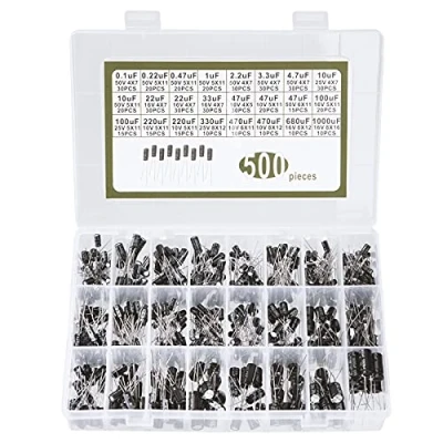 Abbildung von Elkos Kondensator Aluminium Elektrolytkondensator 10V 16V 25V 50V Sortiment Kit Kapazität 0,1 uF bis 1000 mit Aufbewahrungsbox 24 Wert 500 Stück
